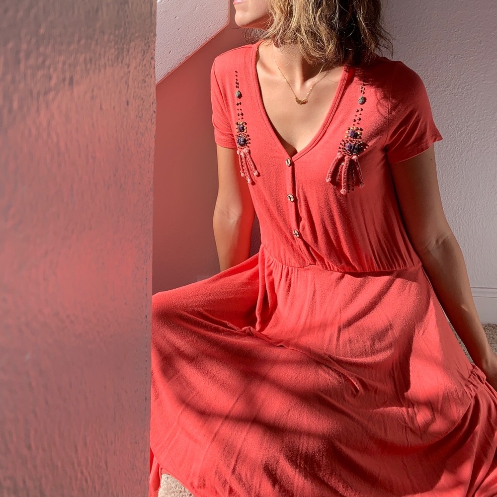 Coral Flowy Midi Dress